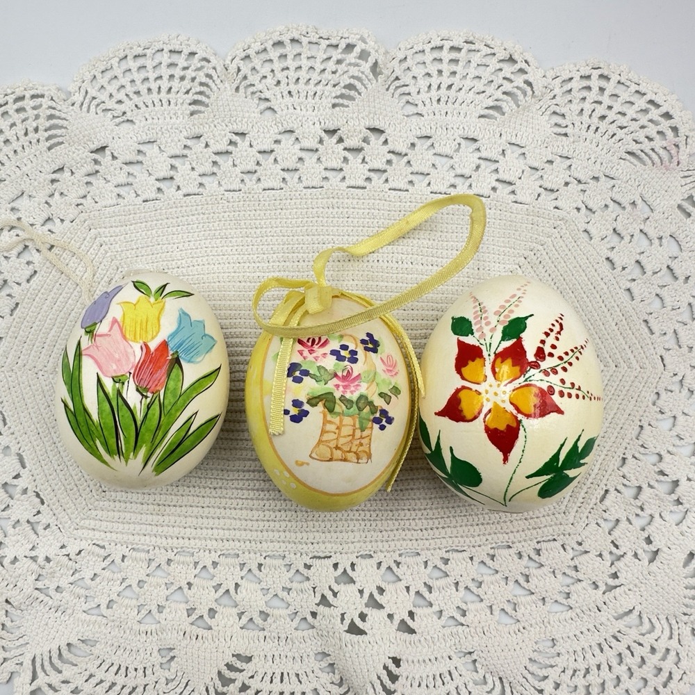 Lot of 3 Hand Painted Floral Real Egg Shell Ornate Hanging Ornament Easter Decor